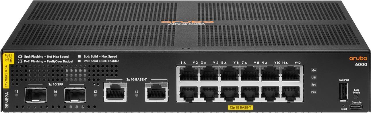 Hewlett Packard Enterprise Aruba 6000 12G Class4 PoE 2G/2SFP 139W Managed L3 Gigabit Ethernet (10/100/1000) Power over Ethernet (PoE) 1U (R8N89A#ABB)