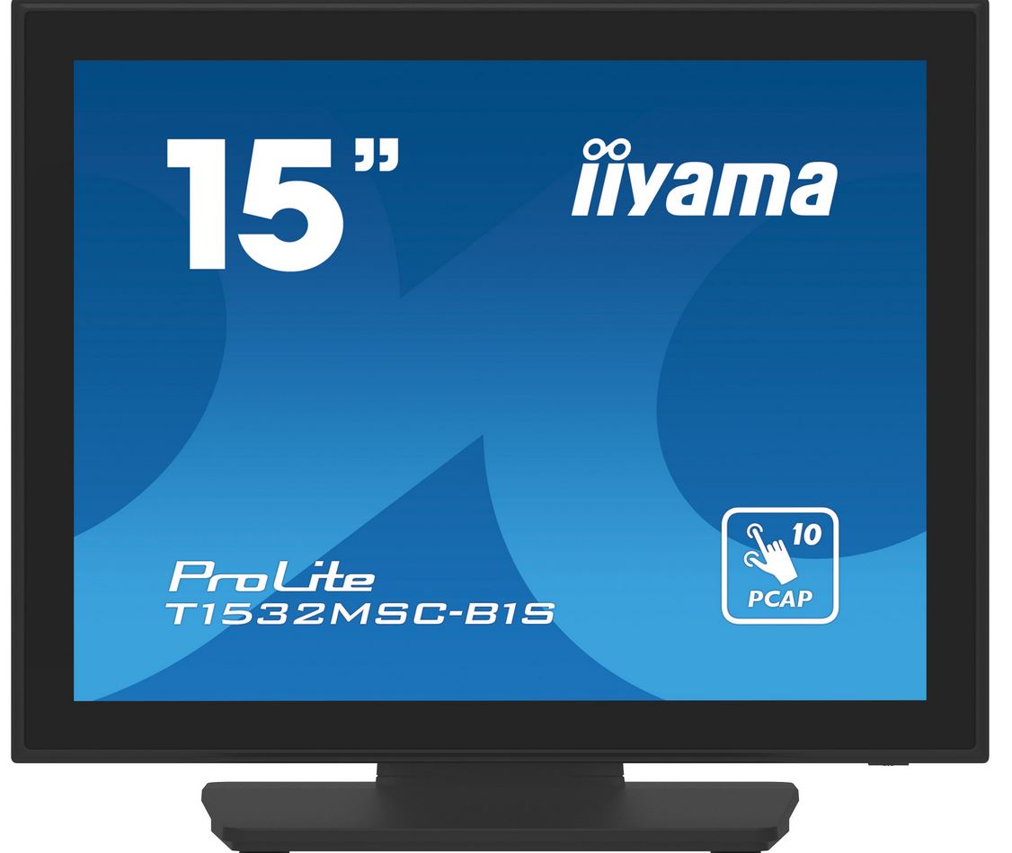 iiyama 38,10cm (15") PCAP Bezel Free Front, 10P Touch, 1024x768, Speakers, VGA, DisplayPort, HDMI,330cd/m2 (with touch), USB Interface, Built-In Power Adapter, Multitouch with supported OS (T1532MSC-B1S)