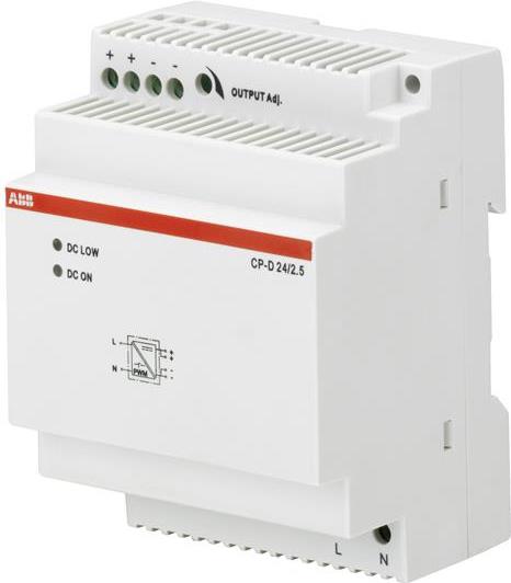ABB CP-D24/2.5. Gesamtleistung: 60 W. Produktfarbe: Weiß. Breite: 71 mm, Tiefe: 57,5 mm, Höhe: 91 mm. Verpackungsbreite: 85 mm, Verpackungstiefe: 85 mm, Verpackungshöhe: 132 mm (2CDG120037R0011)