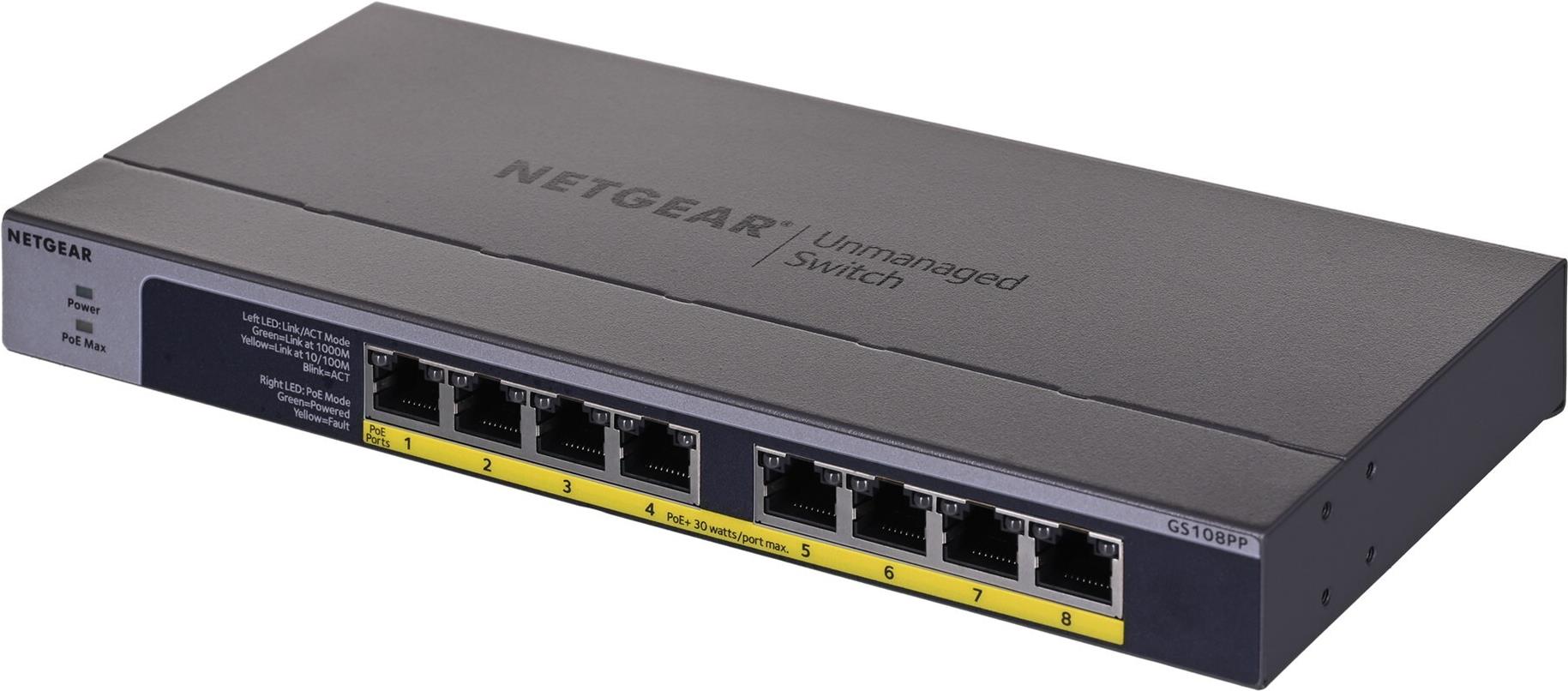 Netgear GS108PP Unmanaged Switch 8-Port Gigabit PoE+ Schwarz/Grau