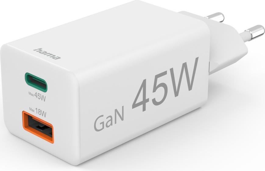 Hama Schnellladegerät, 1x USB-C, 1x USB-A, Mini-Ladegerät, PD, 45 W, Weiß (00125141)