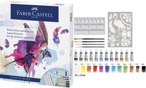 FABER-CASTELL Aquarell Bastelfarben-Set farbsortiert 12 Tuben 5,0 ml Tuben, 4 Synthetik-Pinsel, 1 Schablone und 1 Mischpalette ml (169618)