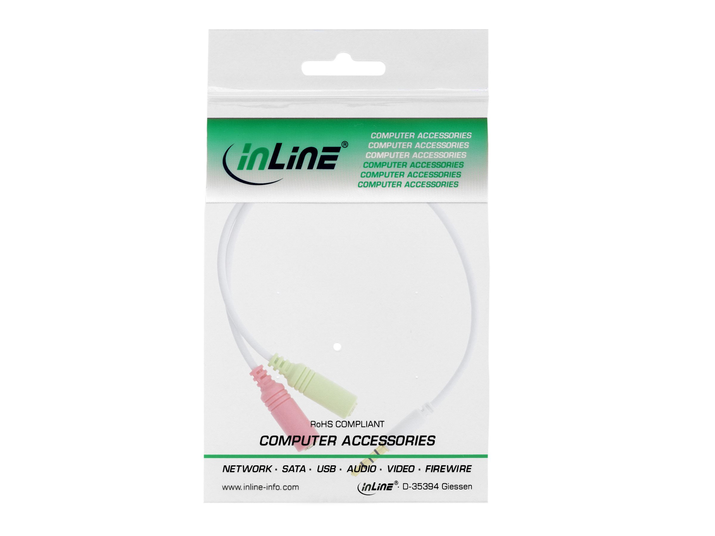InLine Headsetadapter 3,5mm Klinke Stecker 4pol. an 2x 3,5mm Klinke Buchse, 0,15m, Weiß