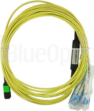 BlueOptics LWL Breakout Kabel, MTP/APC, 4xDuplex LC/UPC, Singlemode E9/125µm, G.657.A1, Markenfaser, 3.0mm LSZH gelb, 8 Kerne, inkl. Messprotokoll, MTP Stecker ohne Pins (SFP6141BUKB)