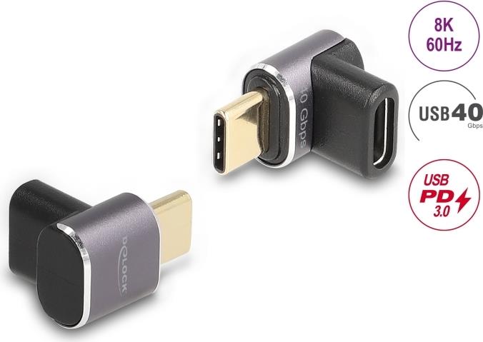 DeLOCK USB Adapter 40 Gbps USB Type-C™ PD 3.0 100 W Stecker zu Buchse gewinkelt 8K 60 Hz Metall kompakt (60059)