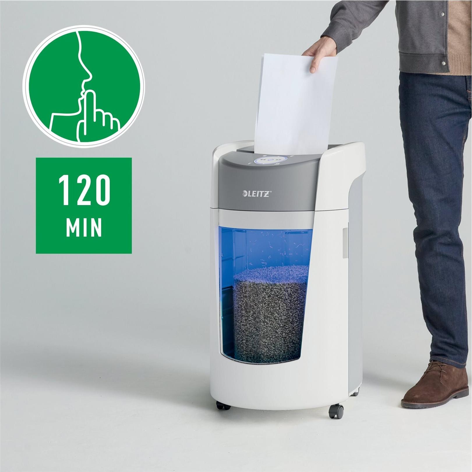 Leitz IQ OptiMax Office P5 Aktenvernichter Mikroschnitt P-5 2 x 15 mm 10 Blatt 35 Liter Weiß