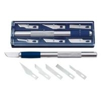 WEDO Hobbymesser, Länge: 150 mm, inkl. 6 Ersatzklingen aus Aluminium, mit blauer gummierter Griffzone, mit Schutz- (78 722)