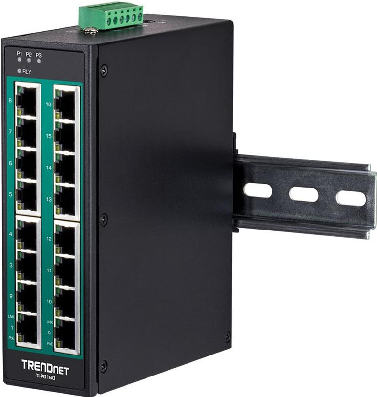 TRENDnet TI-PG160 16-Port Industrial Gigabit PoE+ DIN-Rail Switch Unmanaged Schwarz