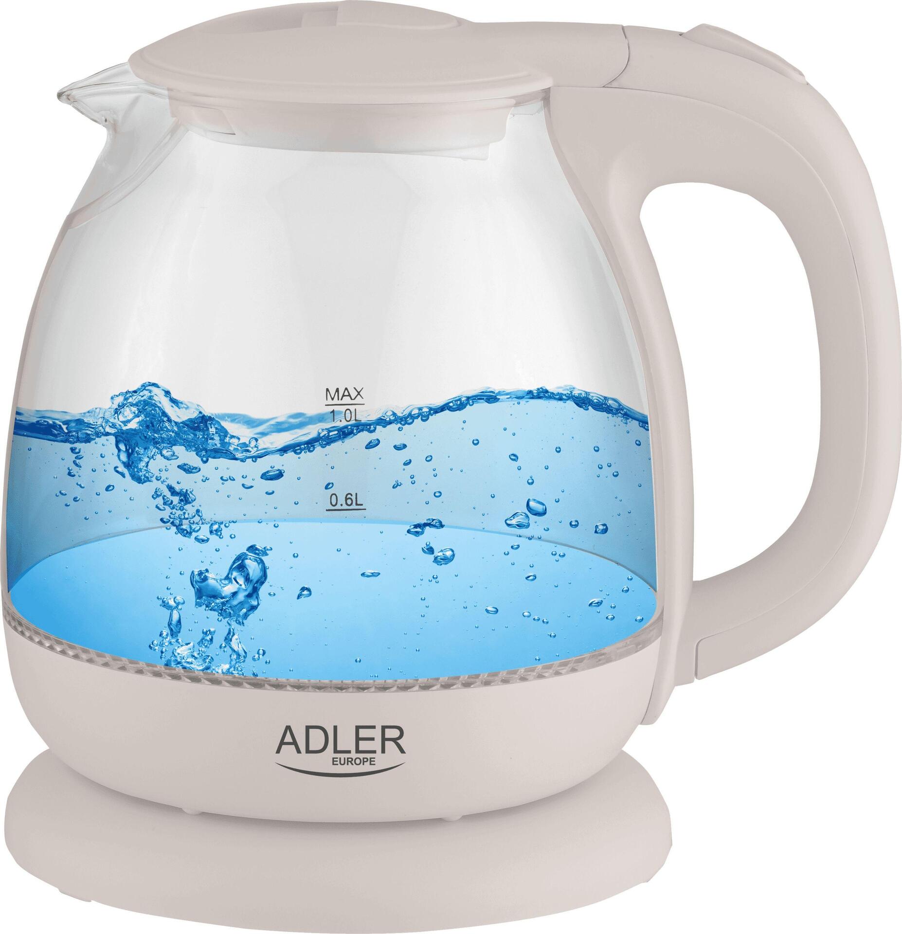 Adler Wasserkocher AD 1283C elektrisch, 900 W, 1 l, Glas/Edelstahl, 360° drehbarer Sockel, cremefarben (AD 1283C)
