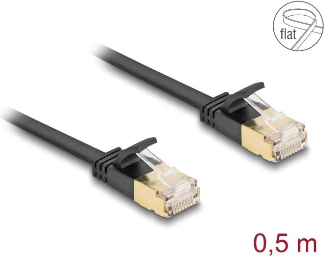 Delock RJ45 Netzwerkkabel Cat.6A Stecker zu Stecker mit robuster Rastnase und Cat.7 Rohflachbandkabel U/FTP 0,5 m schwarz (80344)