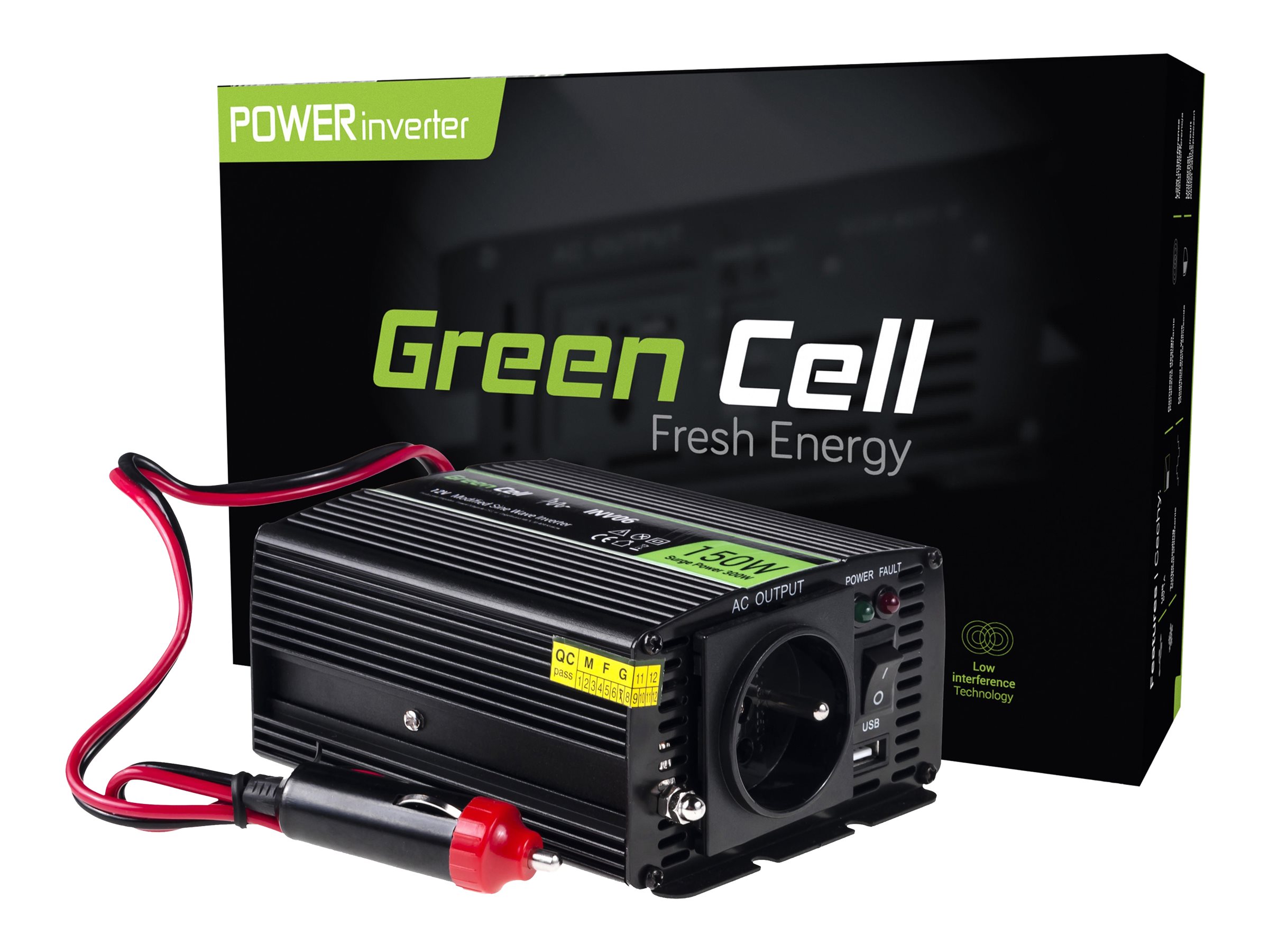 Green Cell INV06 Auto-Wechselrichter 12 V auf 230 V 150 W Schwarz