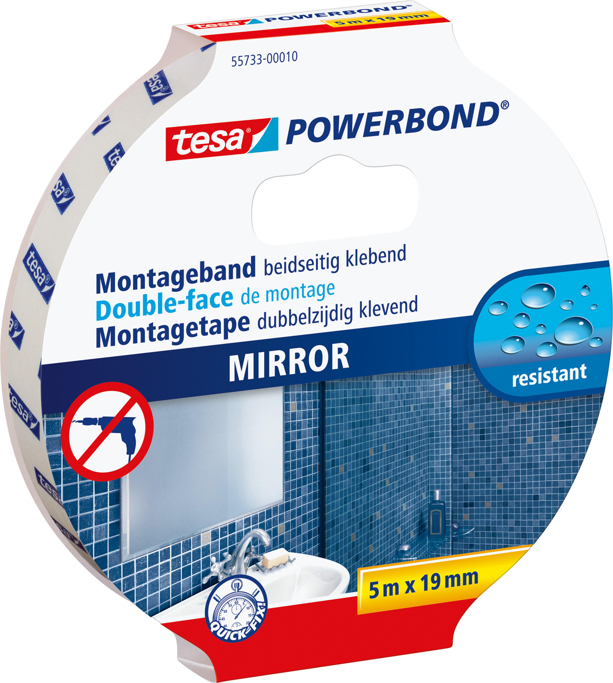tesa Montageband für Spiegel, 19 mm x 5,0 m doppelseitiges Klebeband, extra stark, hohe Feuchtigkeits- (55733-10-0)