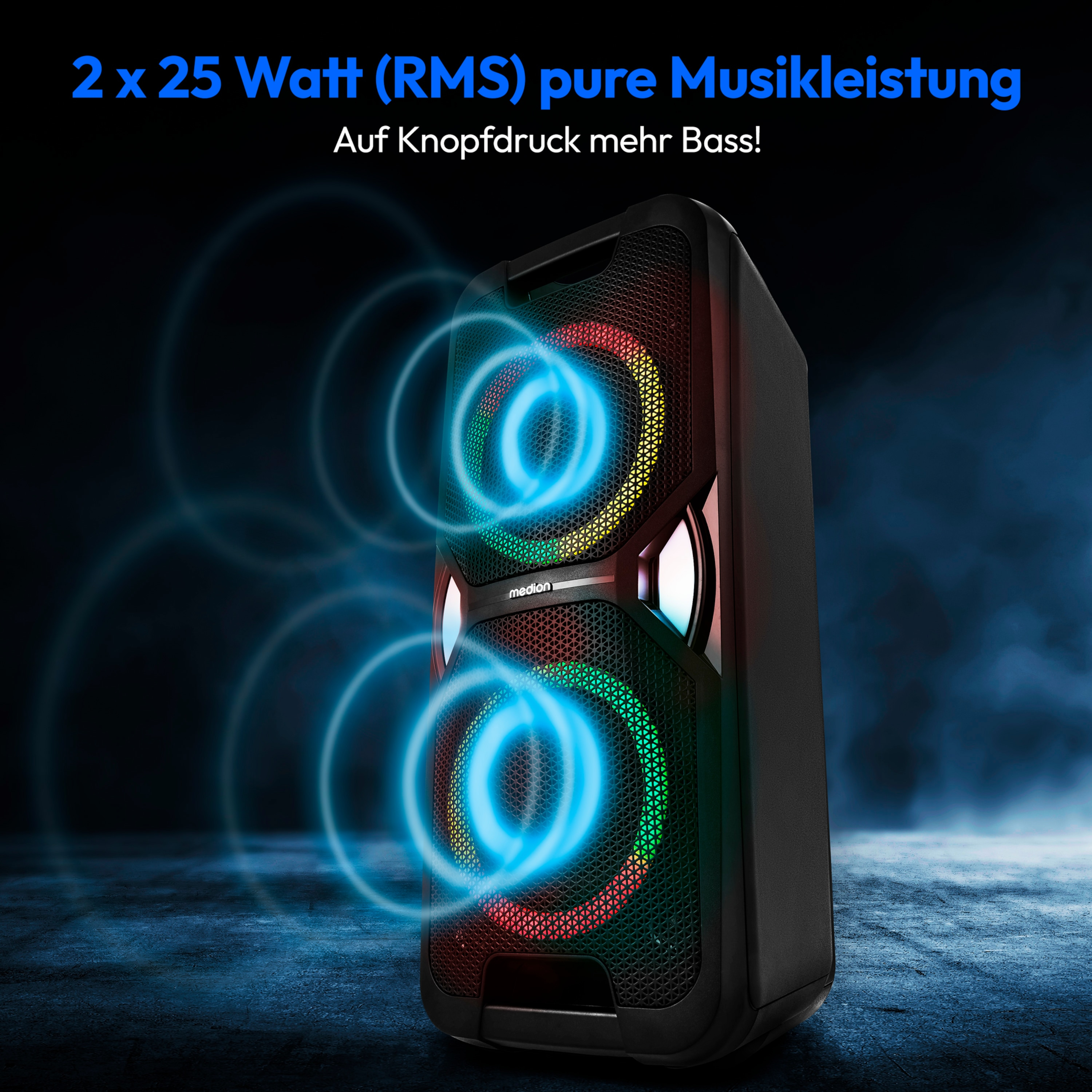 Medion LIFE PE-1 Pure Party Lautsprecher 50 W RMS 500 W Bluetooth 5 26 h Akku Schwarz