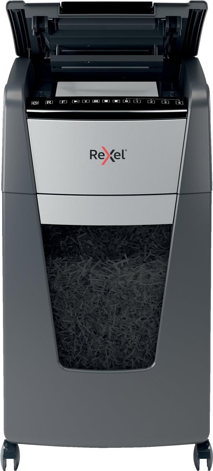 Rexel Optimum AutoFeed+ 300X Aktenvernichter 300 Blatt 4 x 25 mm Kreuzschnitt Schwarz, Grau
