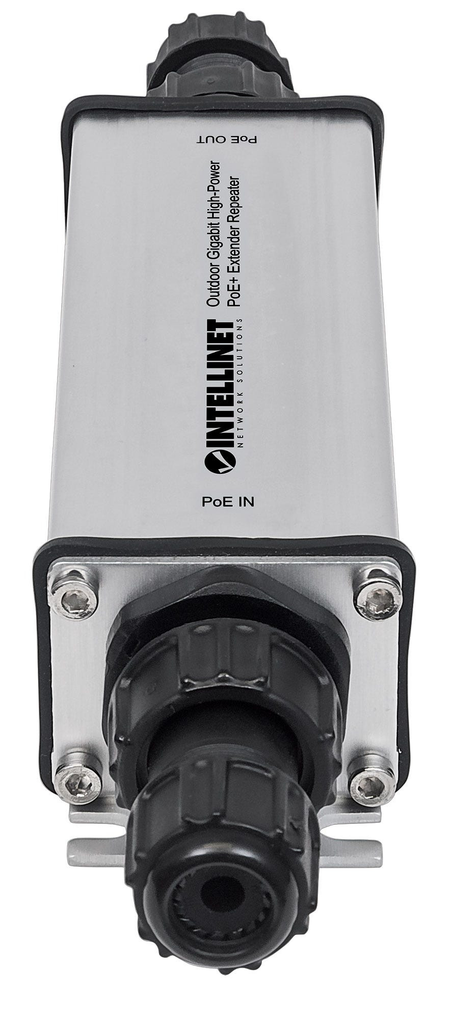 Intellinet Outdoor Gigabit High-Power PoE+ Extender Repeater, IEEE 802.3at/af, bis 100 m, IP65, Schwarz, Grau