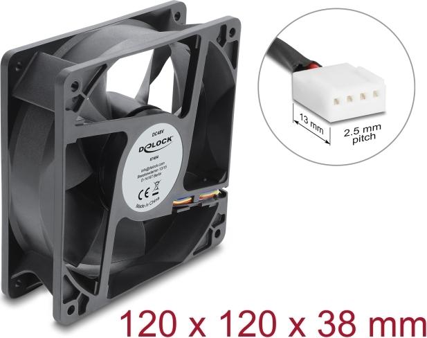 Delock Axiallüfter 48 V DC, 120 x 120 x 38 mm mit 4 Pin PWM Lüfteranschluss schwarz (67454)