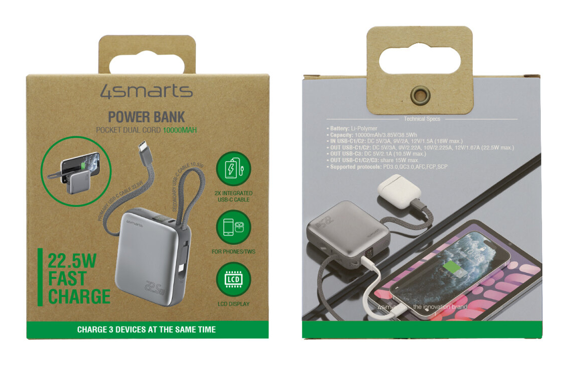 4smarts Pocket Dual Cord Powerbank 10000 mAh 22,5 W Grau
