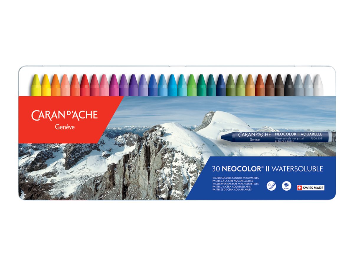 Caran d'Ache NEOCOLOR II Aquarell-Wachsmalstift, 30er Etui, Wasservermalbar, Mehrfarbig