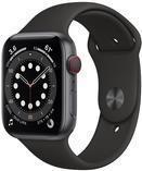 Apple Watch Series 6. Display-Typ: OLED, Bildschirmauflösung: 368 x 448 Pixel, Touchscreen. Flash-Speicher: 32 GB. WLAN. GPS. Wasserdicht bis: 50 m, Armbandfarbe: Schwarz. Installiertes Betriebssystem: watchOS 6 (MG2E3NF/A) (geöffnet)