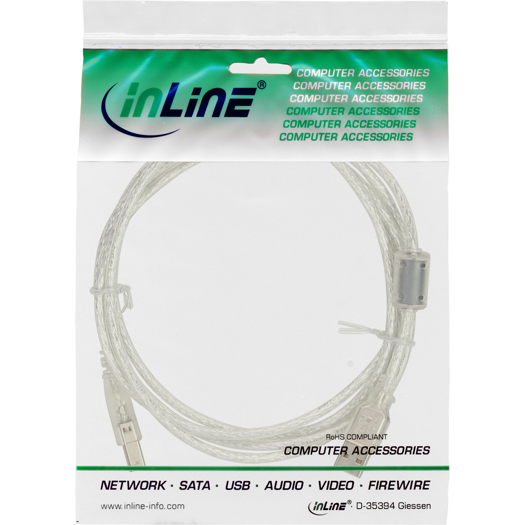 InLine USB 2.0 Kabel USB-A an USB-B mit Ferritkern 3 m Transparent