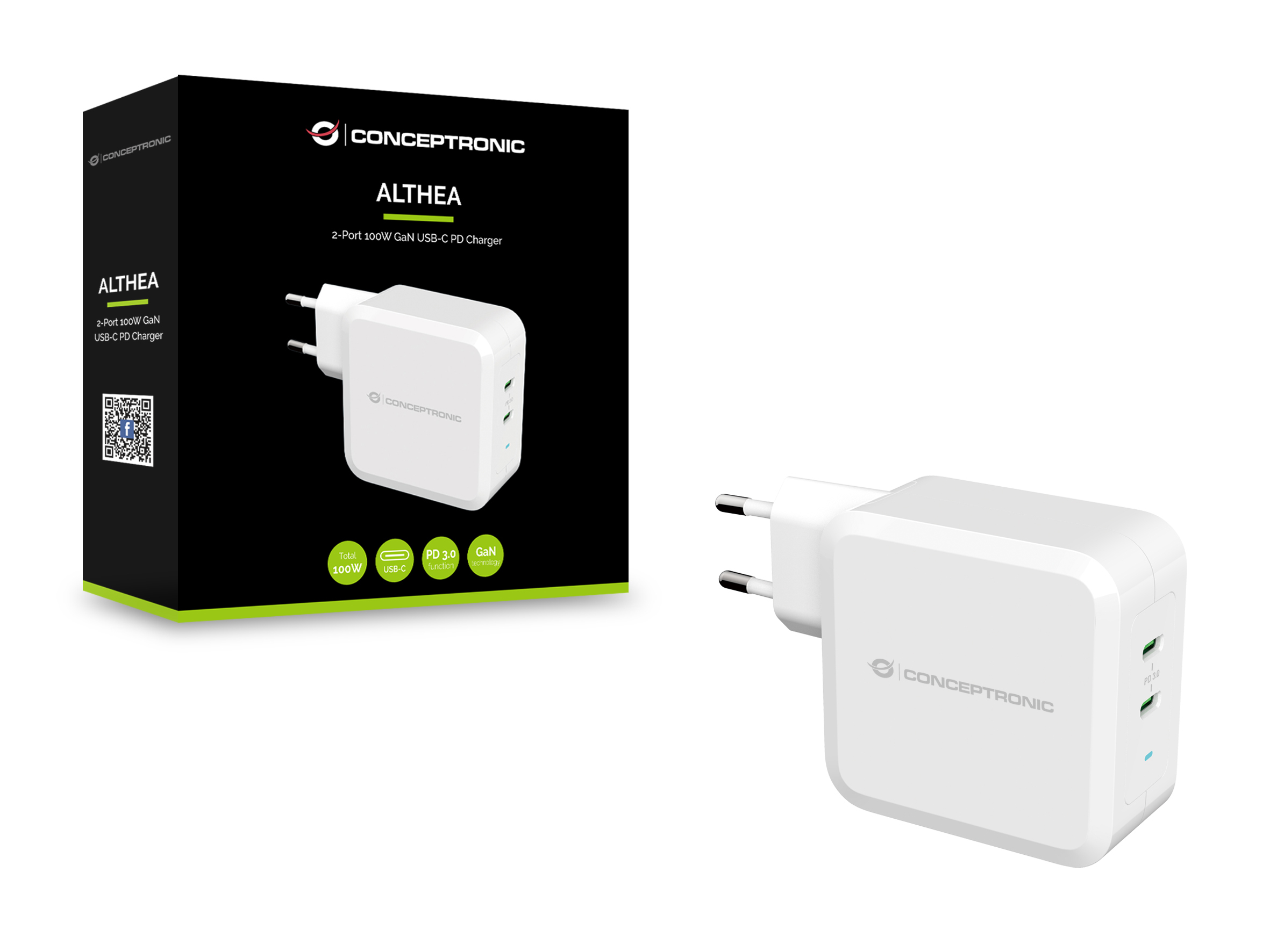 Conceptronic ALTHEA USB-C Ladegerät 2-Port 100W PD 3.0 Weiß