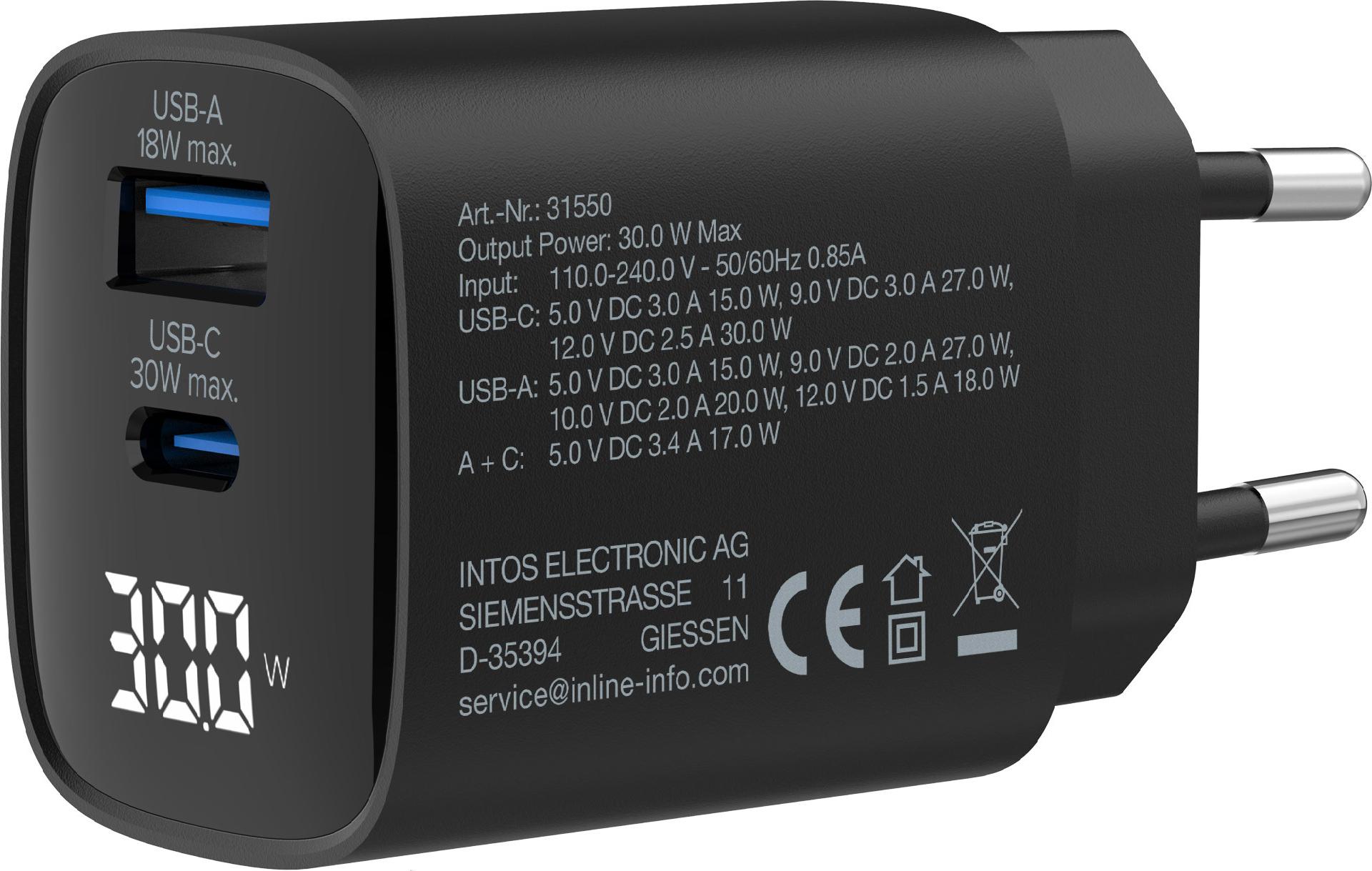 InLine GaN Netzteil USB-C + USB-A 30 W mit Display Schwarz