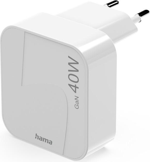 Hama Schnellladegerät, GaN, 2x USB-C, faltbares Mini-Ladegerät, PD, 40 W, Weiß (00125148)