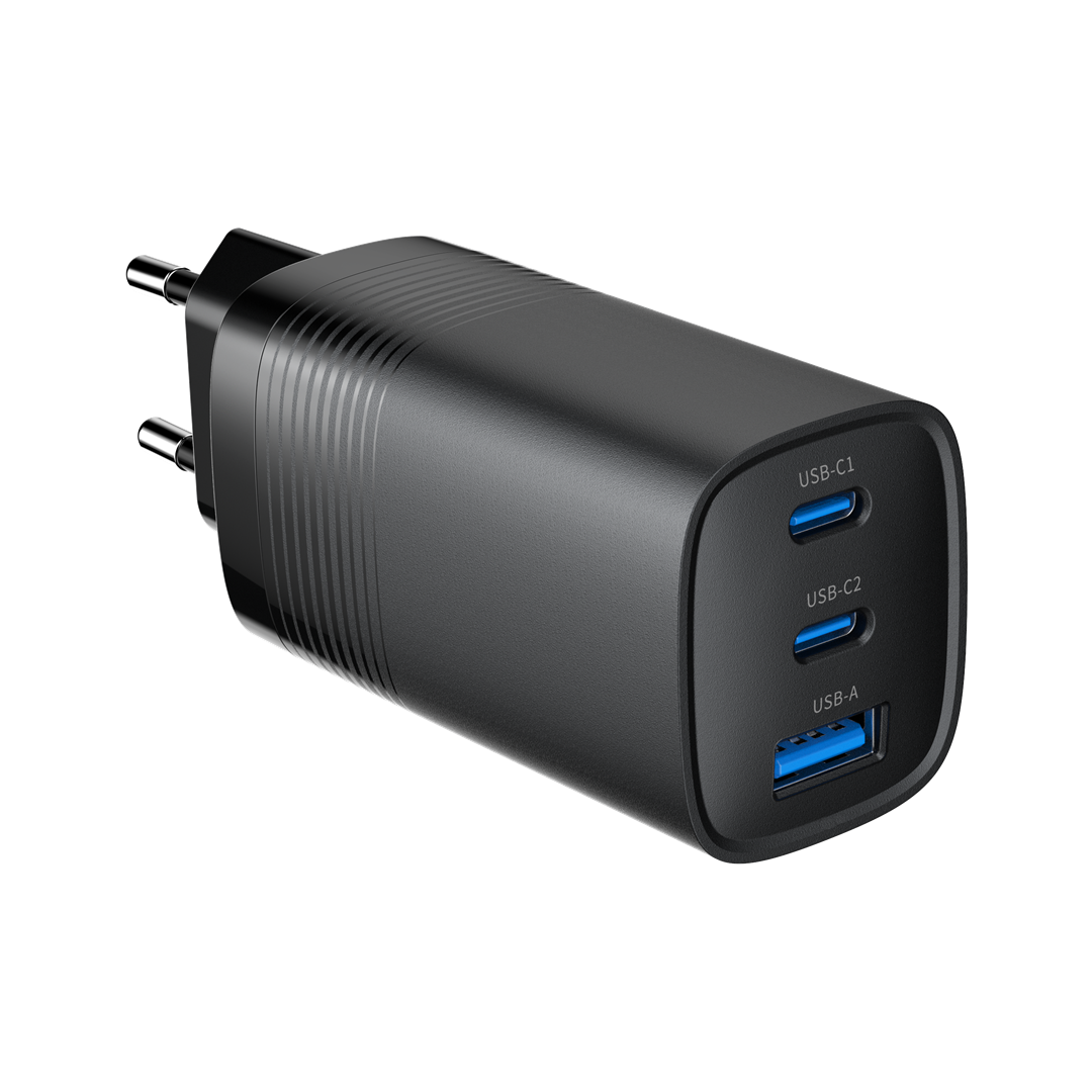 Gembird TA-UC-PDQC65-01-BK 3-Port 65 W GaN USB PowerDelivery Schnellladegerät, Schwarz (TA-UC-PDQC65-01-BK)