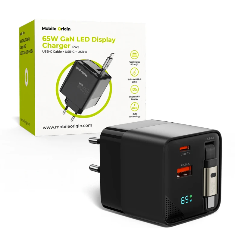 Mobile Origin MO-65WDCH-PW2 65W GaN Ladegerät USB-C 75 cm Schwarz