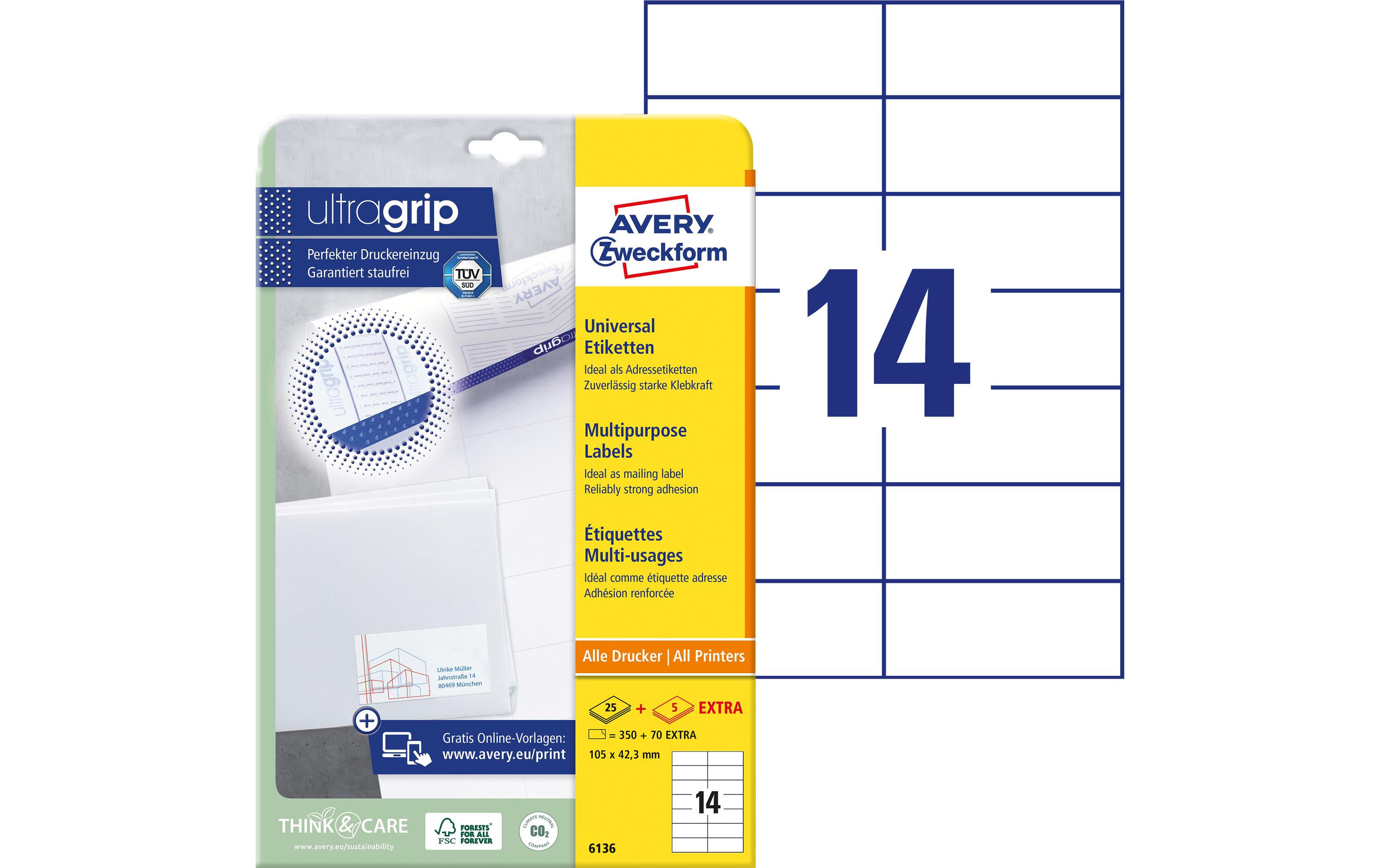 Avery Zweckform Universal-Etiketten 6136 A4 105 x 42,3 mm 30 Blatt Weiß