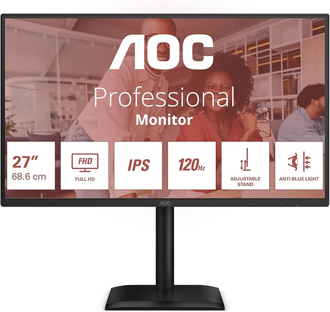 AOC 27E4U 24 Zoll FHD Monitor, 120Hz, IPS, 1ms MPRT, Adaptive Sync, HDR-Modus, Höhenverstellung (1920x1080,HDMI 1x 1.4,DP 1x 1.2, USB-Hub) Schwarz [Energieklasse C] (27E4U)