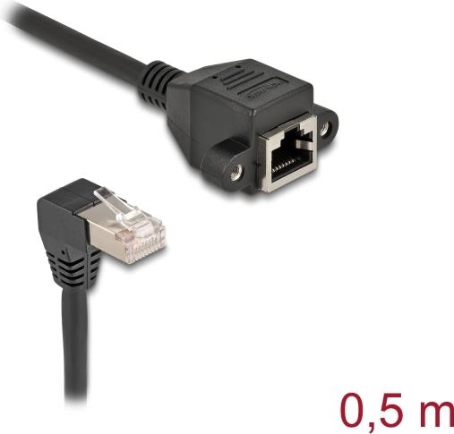 Delock Netzwerk Verlängerungskabel S/FTP Stecker RJ45 Stecker 90° gewinkelt zu RJ45 Einbaubuchse Cat.6A 0,5 m schwarz (80310)