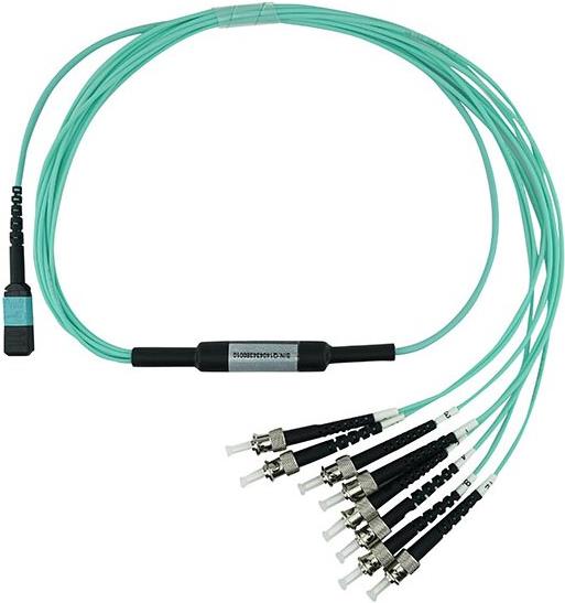 BlueOptics LWL Breakout Kabel, MTP/UPC, 4xDuplex ST/PC, Multimode G50/125µm, OM3, Markenfaser, 3.0mm LSZH aqua / türkis, 8 Kerne, inkl. Messprotokoll, MTP Stecker ohne Pins (SFP6143EUKB)