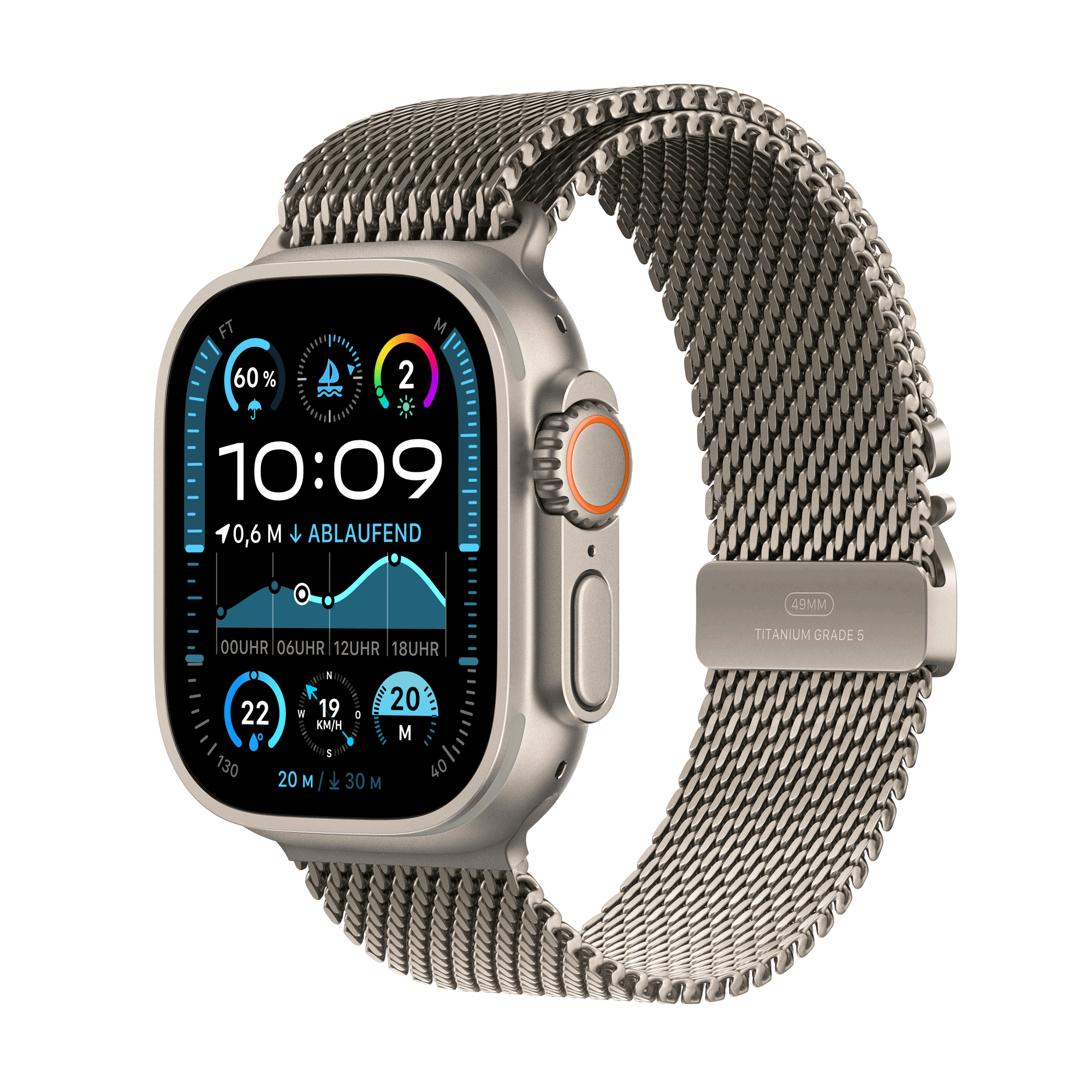 Apple Watch Ultra 2 GPS + Cellular 49mm Natural Titanium Case mit Natural Titanium Milanese Band - L (MX5T3FD/A)