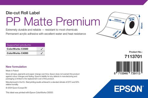 Etiketten, Epson, Kunststoff, PP Matte Label Premium, B: 105 mm, H: 152 mm, D: 95 mm, K: 40 mm Etikettenrolle, Epson, Material: Kunststoff, PP Matte Label Premium, Beschichtung: Nein, Klebstoff: Normal, Breite: 105 mm, Höhe: 152 mm, Durchmesser: 95 mm, Kerndurchmesser: 40 mm, Etiketten pro Rolle: 185, Abgrenzung: Lücke, Perforation: Nein, Farbe: Weiß - 12 Stück (7113701)