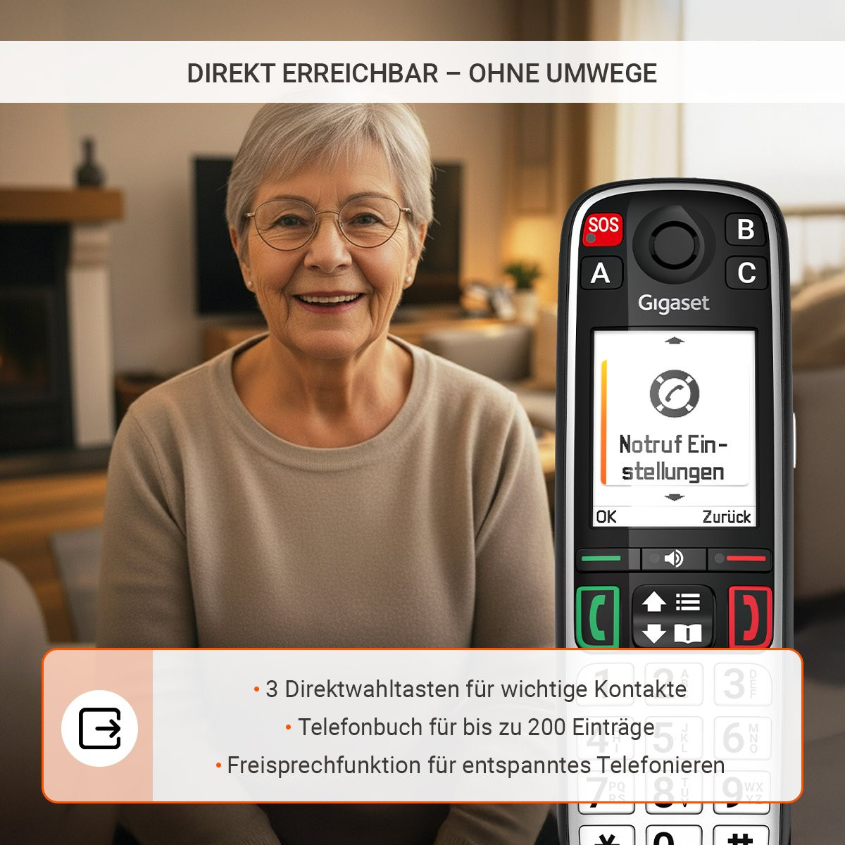 Gigaset EASY 500HX DECT-Seniorentelefon mit Freisprecheinrichtung Schwarz, Silber