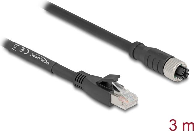 Delock M12 Kabel X-kodiert 8 Pin Buchse zu RJ45 Stecker Cat.5e S/FTP flexibel 3 m schwarz (80591)