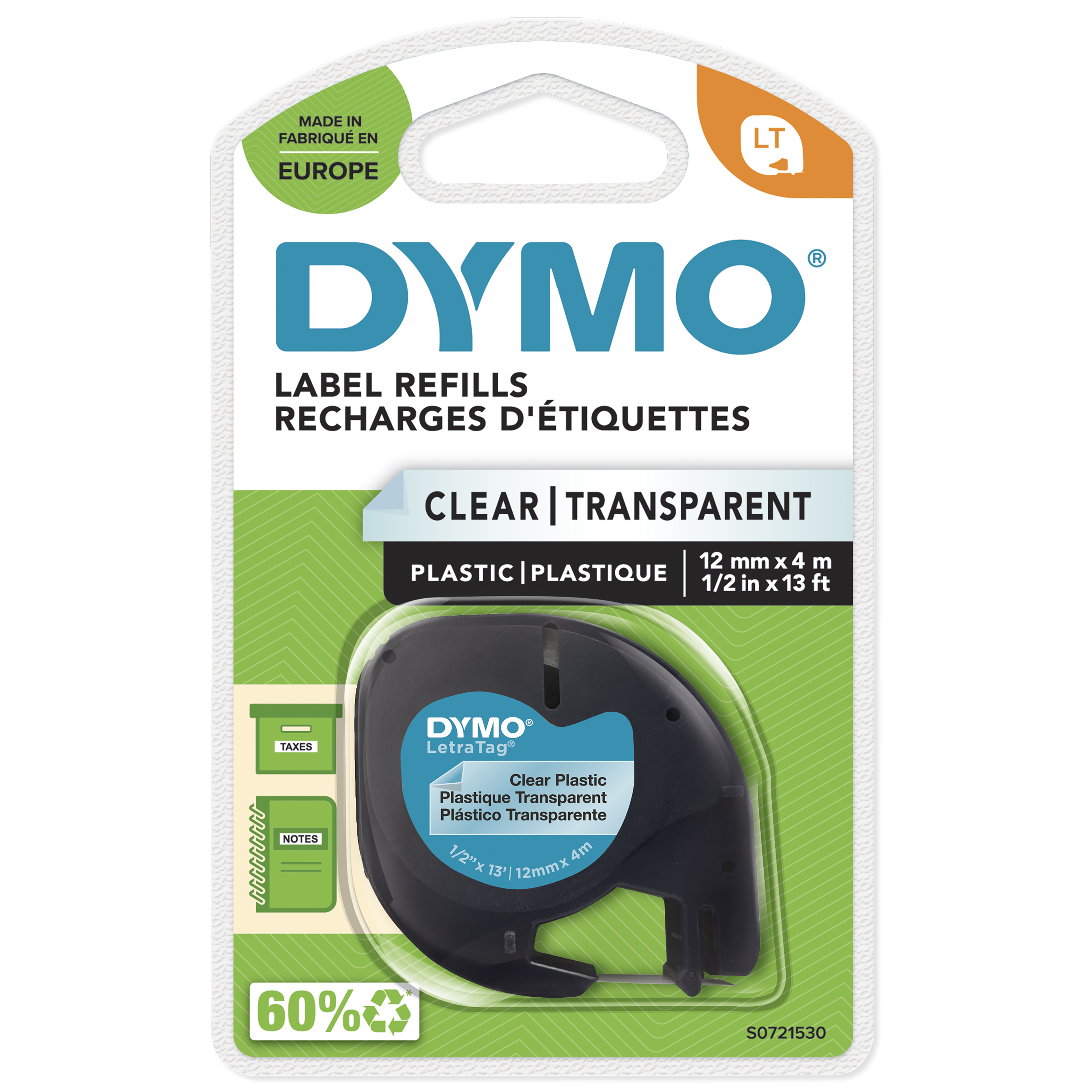 DYMO LetraTag Etikettenband S0721530 12 mm x 4 m Schwarz auf transparent