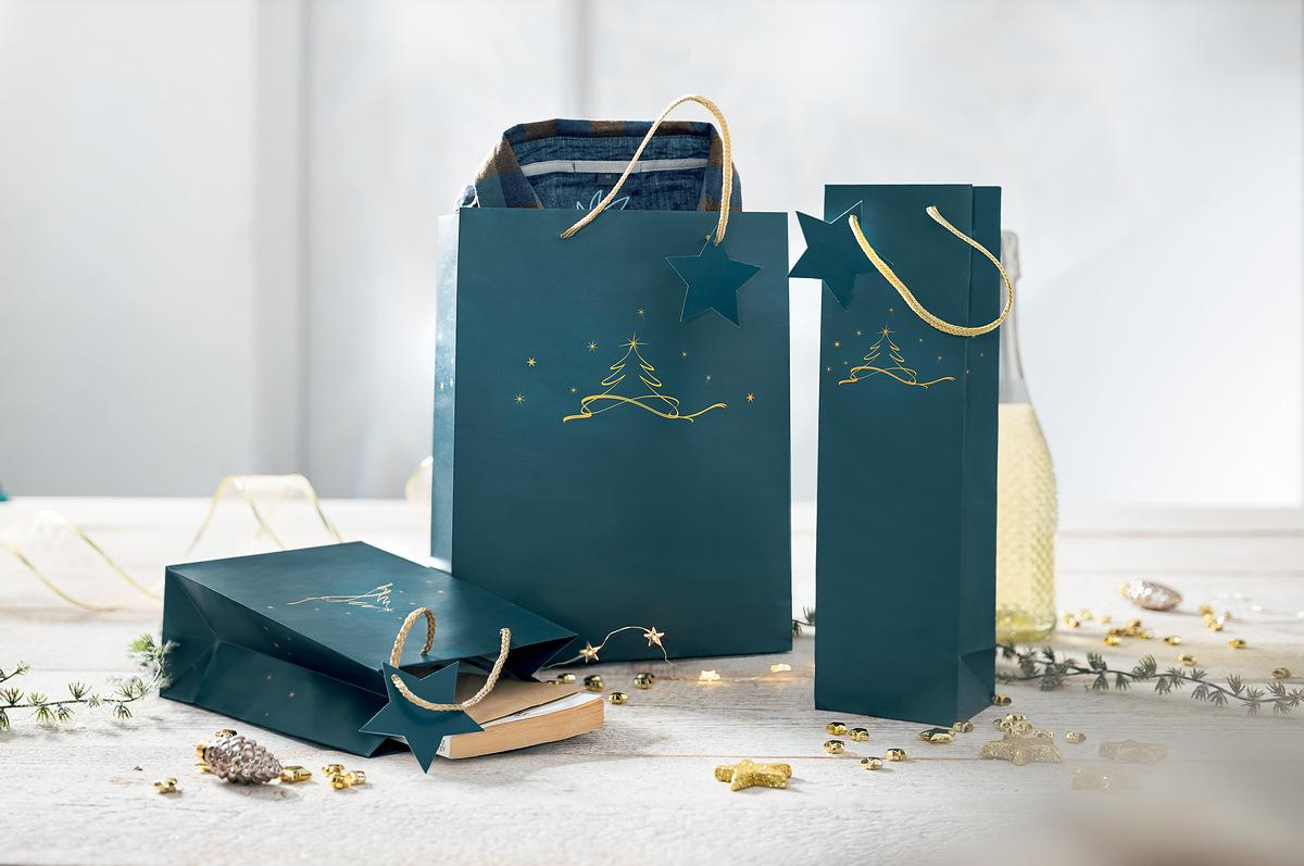 Sigel GT034 Geschenkverpackungstasche Christmas Tree Motiv 5 Stück 26 x 33 cm Blau