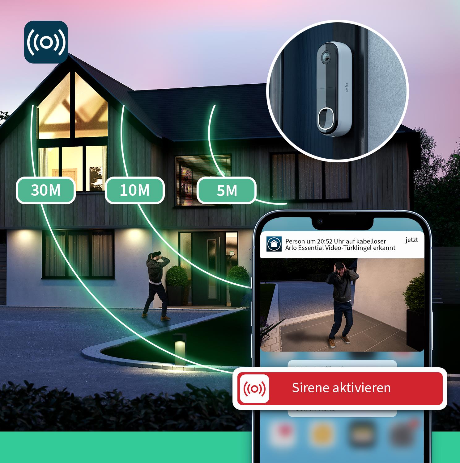 Arlo Video Doorbell 2K (2. Generation) Smarte Videotürklingel mit Chime Wi-Fi Schwarz/Weiß