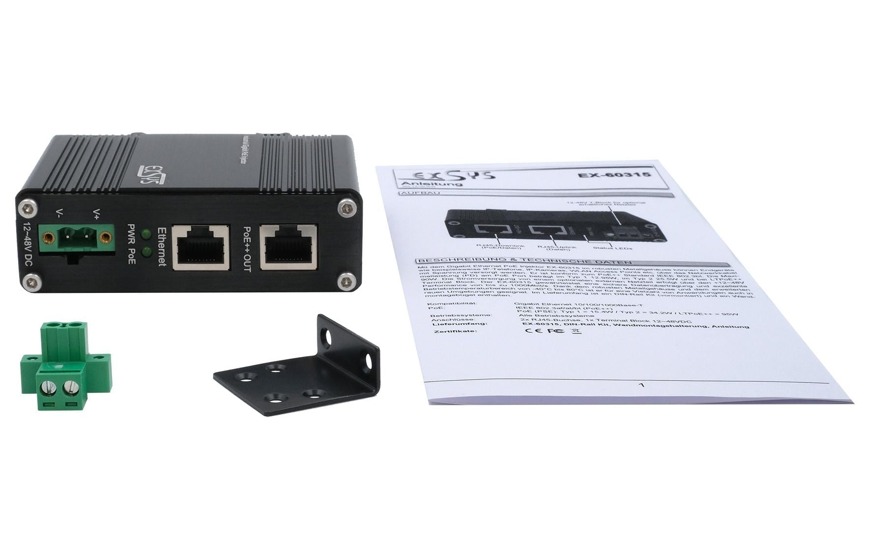 Exsys EX-60315 PoE++ Gigabit Injektor 90W Schwarz