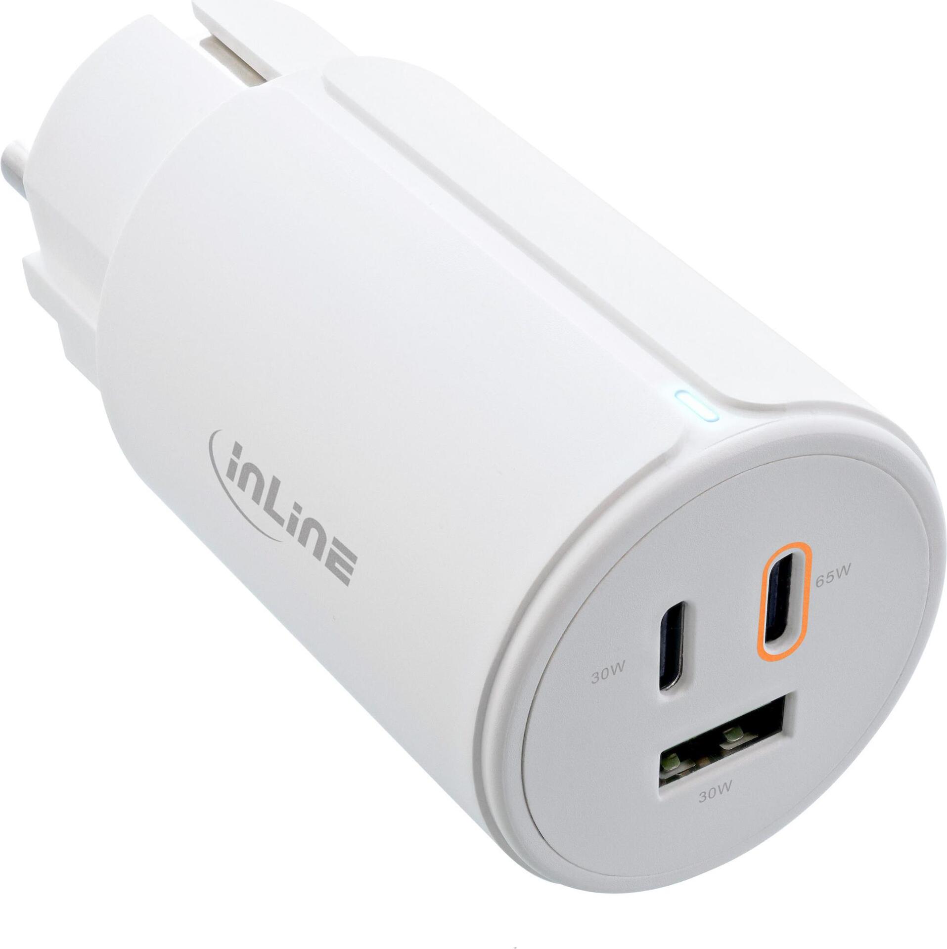 InLine® USB PD Netzteil, GaN Ladegerät, 3-Port, Dual USB-C + USB-A, 65W, weiß (31506G)