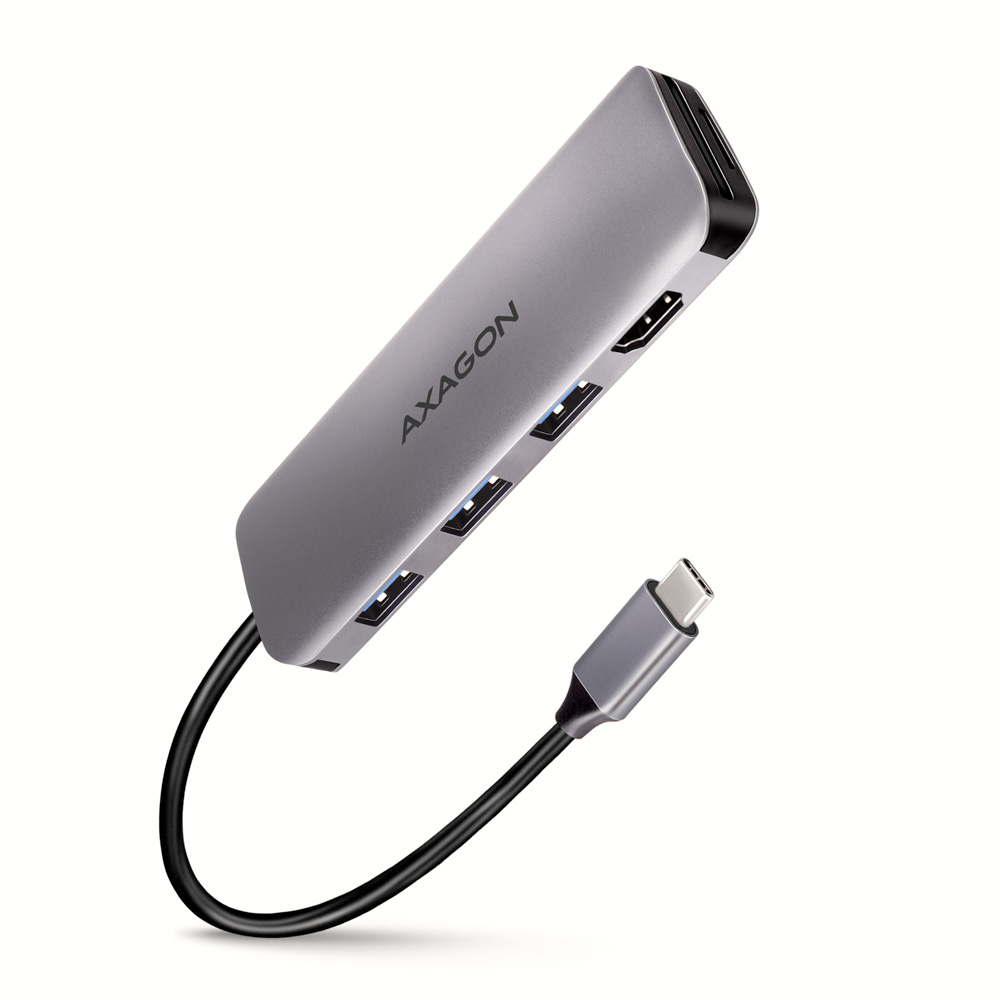 AXAGON USB-C-Hub HMC-HCR3A, 3x USB-A, HDMI, SD/microSD, USB-C 3.2 Gen 1, 20 cm Kabel, Grau