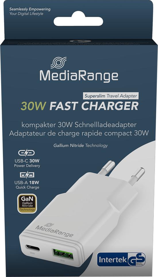 MediaRange Ladegerät 30W 2-Port 1x USB-A/1x USB-C GaN, weiß (MRMA125)