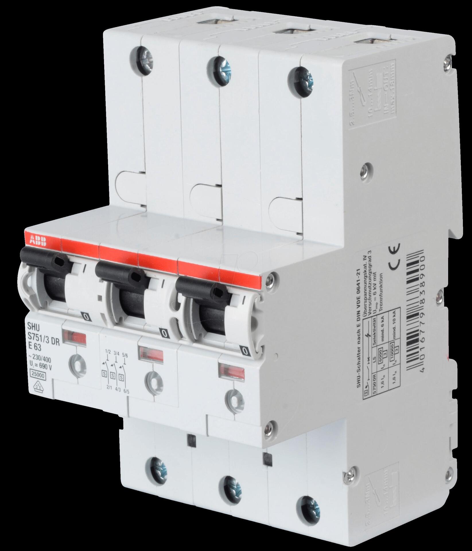 ABB S751/3DR-E63 - Hauptsicherungsautomat, selektiv, 63 A, 3 x 1 (S751/3DR-E63)