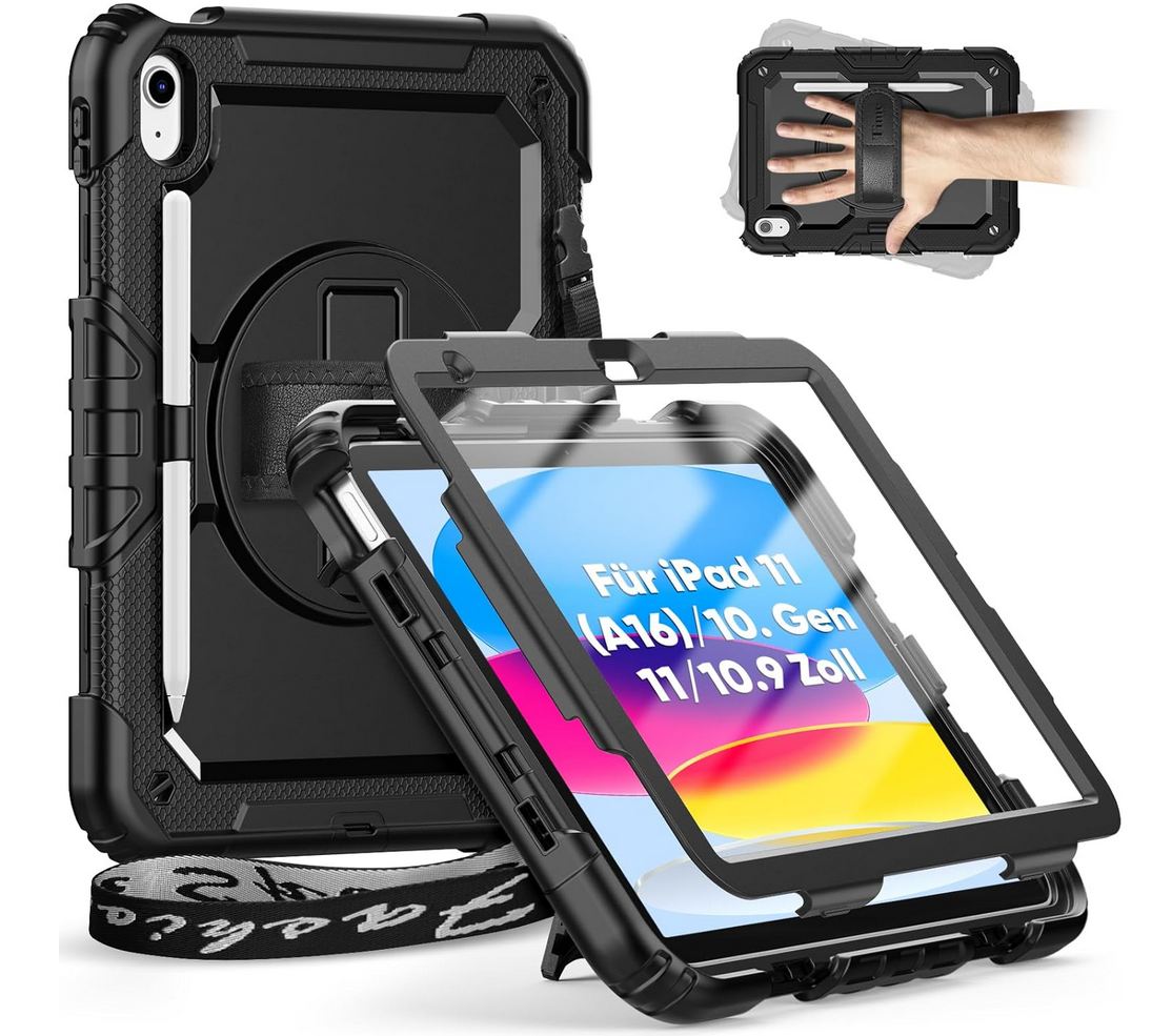 Timecity Hülle Für iPad 11 Generation (A16) Hülle 11 Zoll 2025/10 Generation Hülle 10.9 Zoll 2022,Stoßfeste Schutz mit Displayschutz Handschlaufe 360°-Drehbarer-Ständer Stifthalter Outdoor-Schwarz (?für A2696/A2757/A2777)