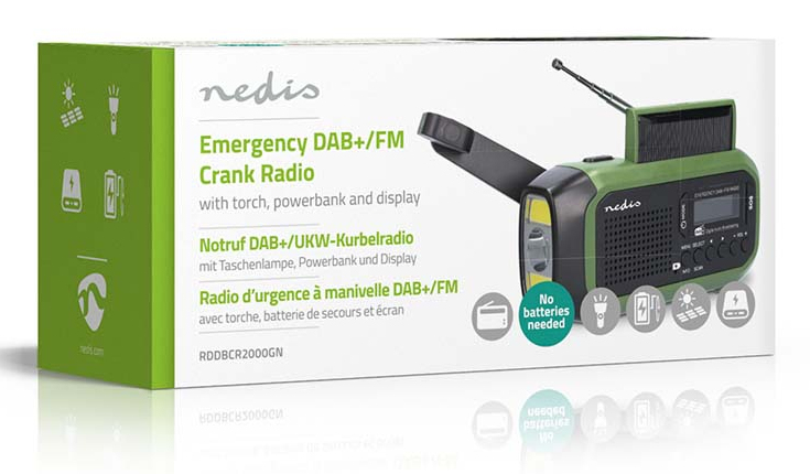 Nedis RDDBCR2000GN Notfallradio DAB+ FM Kurbelradio Solar Powerbank LED-Taschenlampe Grün, Schwarz