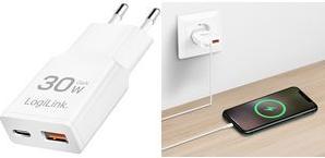 LogiLink USB-Steckdosenadapter, 1x USB-C (PD), 1x USB-A (QC) weiß, 30 Watt, Eurostecker (PA0348)