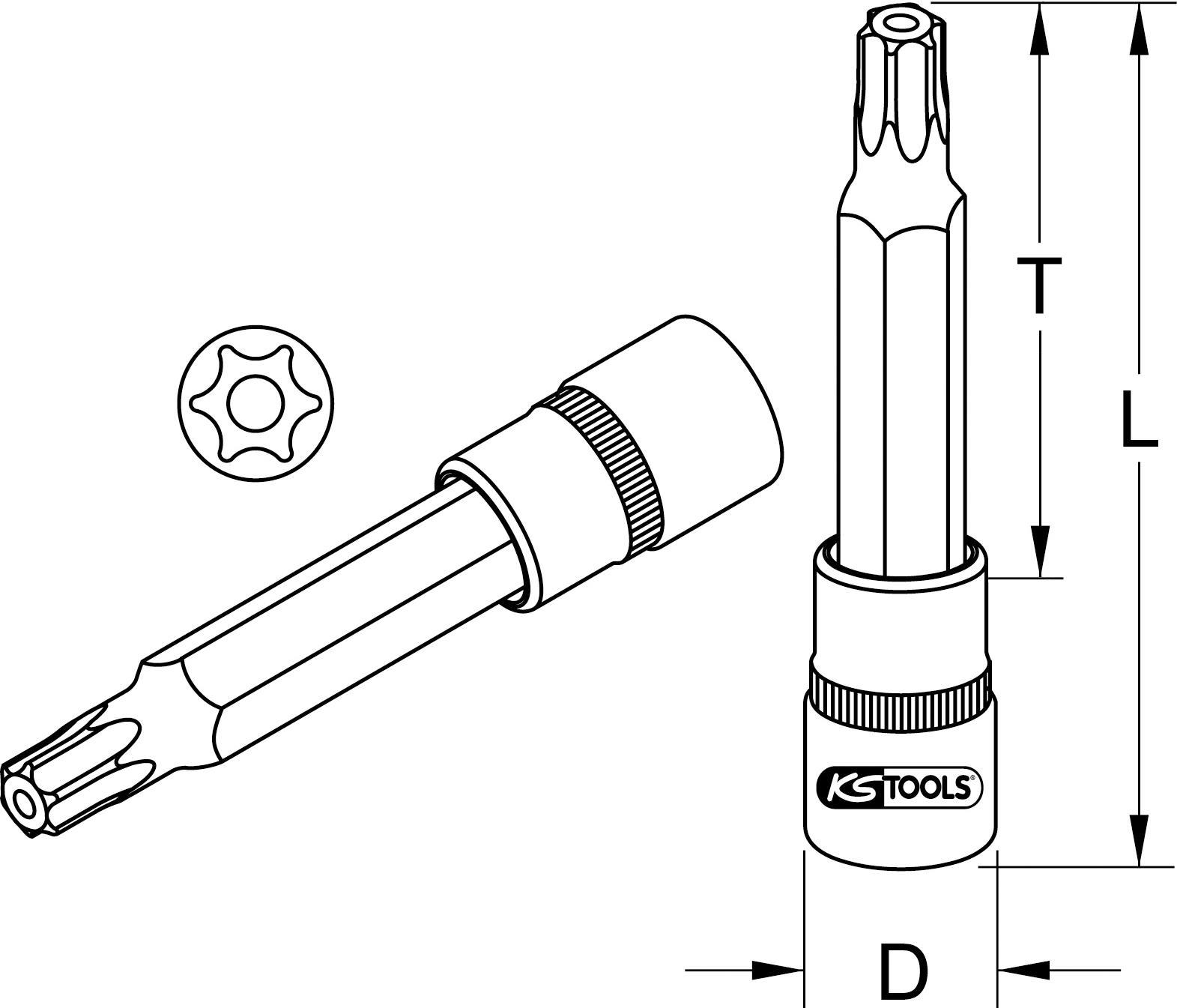 KS TOOLS Werkzeuge-Maschinen GmbH 1/2" Bit-Stecknuss Torx mit Stirnlochbohrung, lang, TB60 (917.1253)