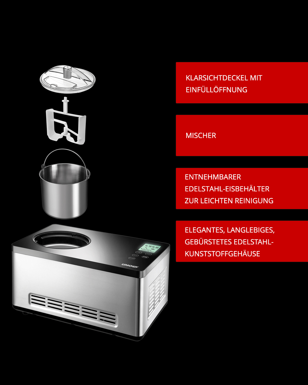 Unold Gusto 48845 Kompressor-Eismaschine 2 l Schwarz, Edelstahl